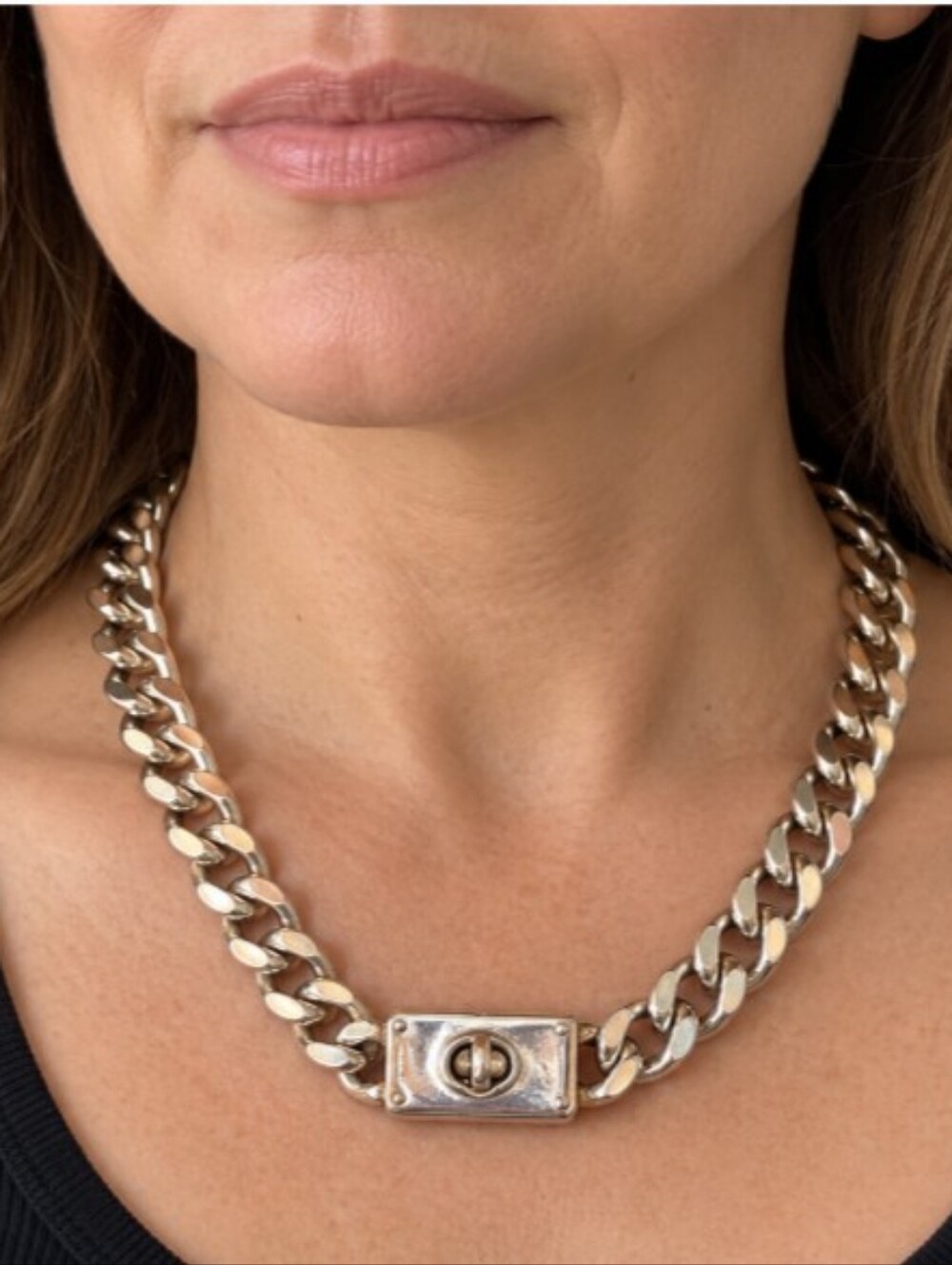 Coach Silver Chunky Curb Chain Necklace Turnlock Statement Y2K Streetwear
